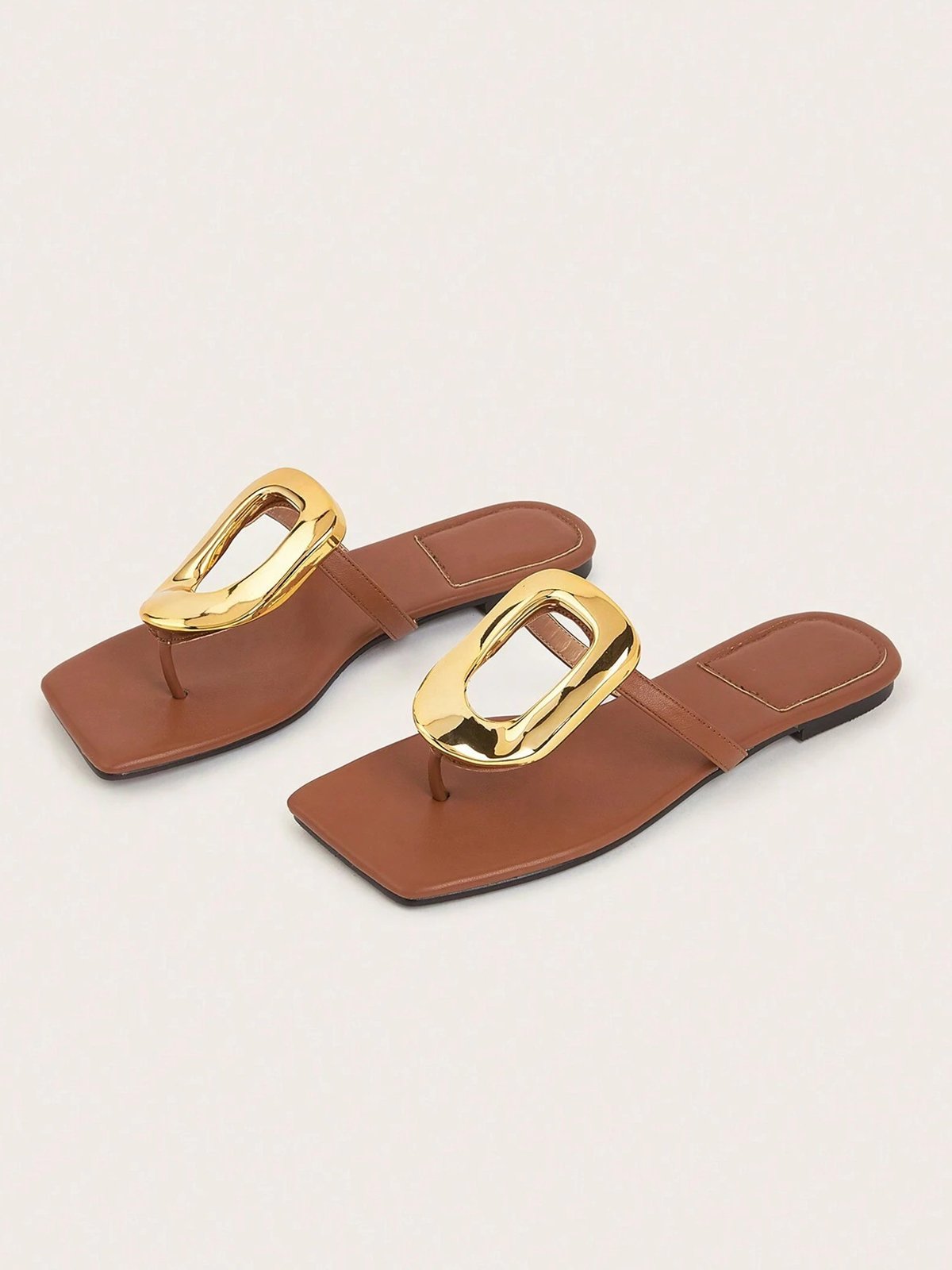 Hollow Out Metal Decor Square Toe Thong Sandals