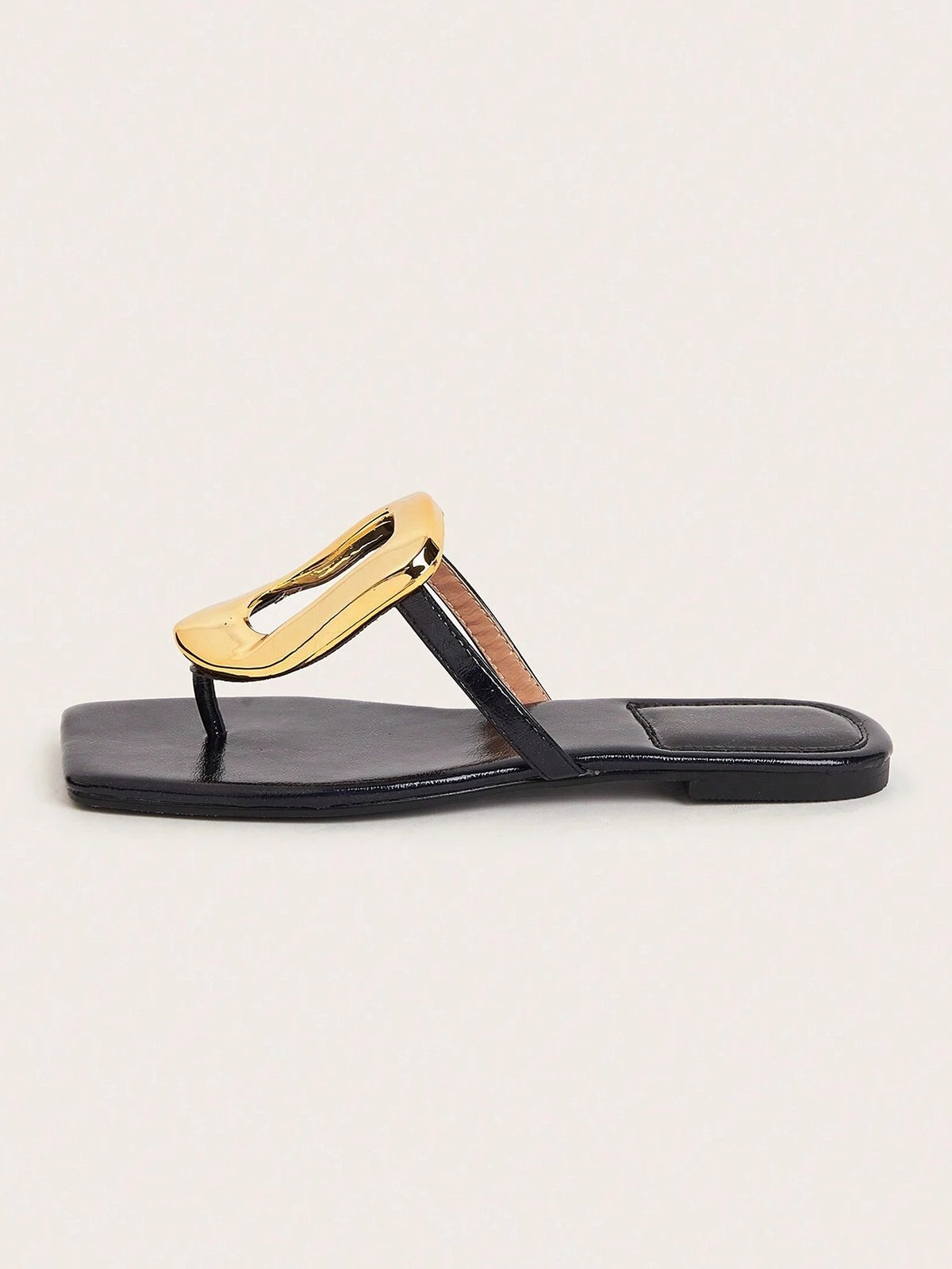 Hollow Out Metal Decor Square Toe Thong Sandals