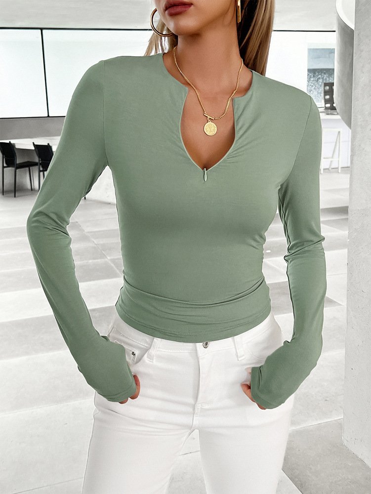 Women Plain V Neck Casual Long Sleeve T-shirt