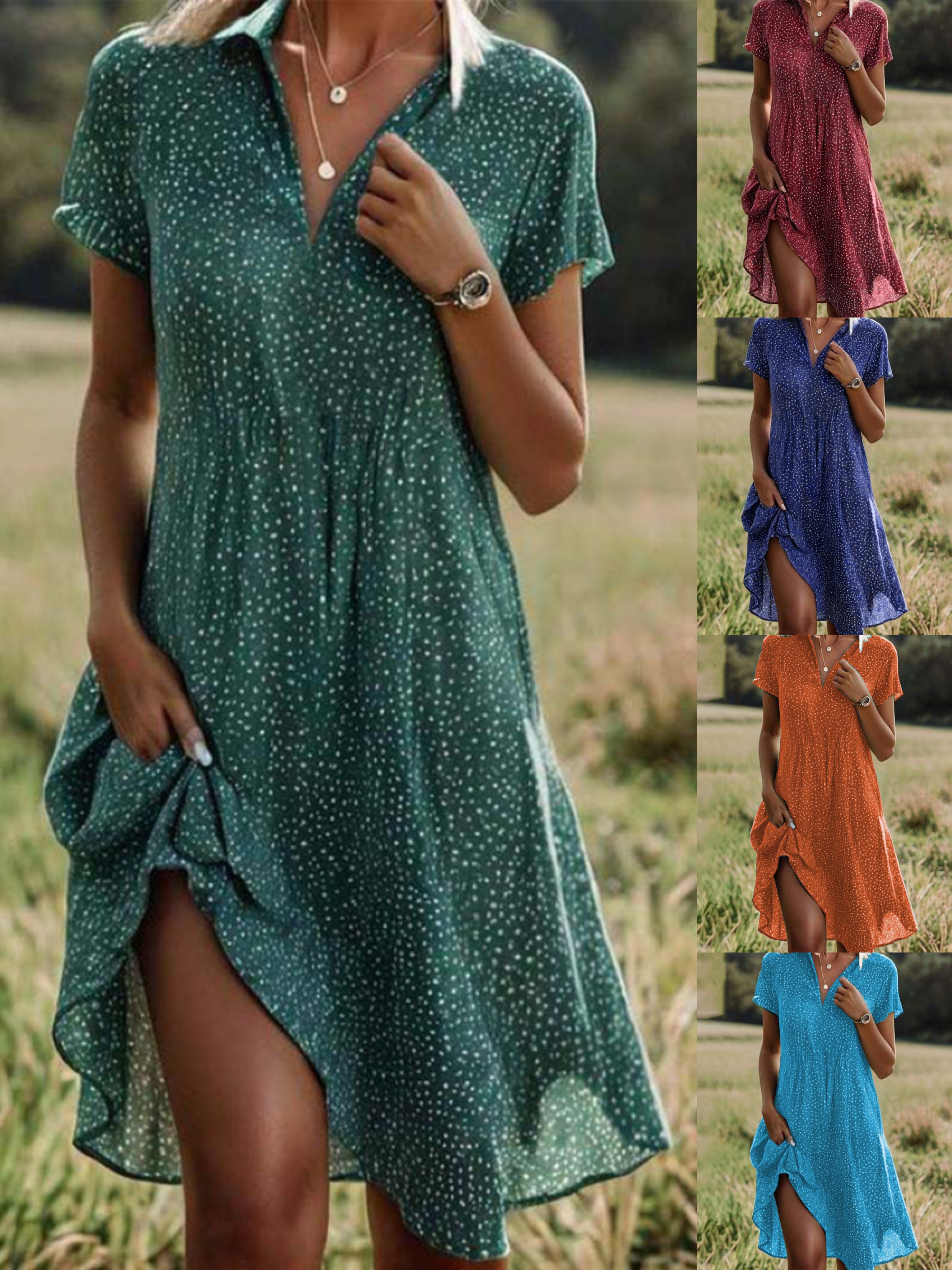 Women's Short Sleeve Summer Polka Dots Sundress Shirt Collar V Neck Going Out Casual A-Line Midi Dress Green Blue Red