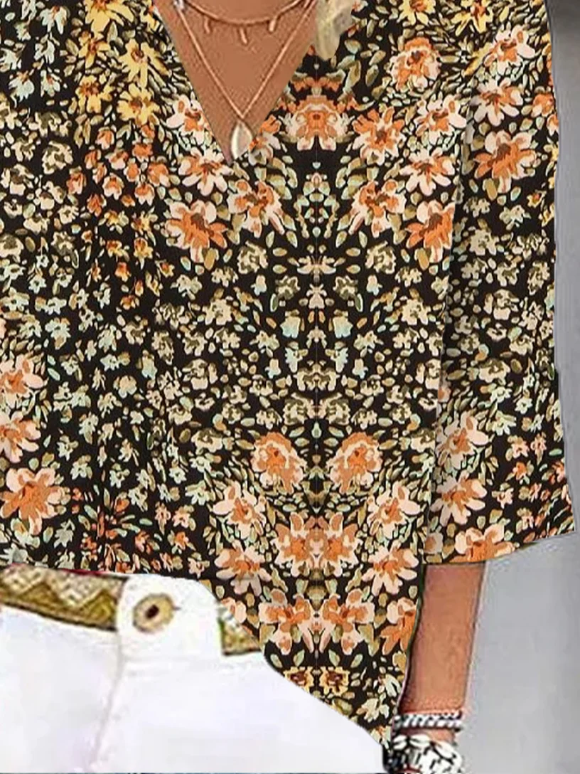 Casual Floral Loose V Neck Blouse