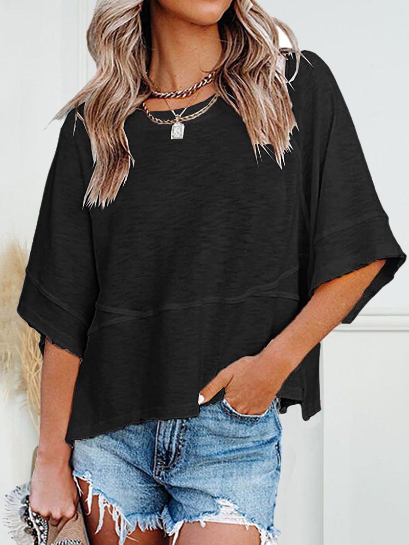 Women Plain Crew Neck Casual Three Quarter Sleeve T-shirt