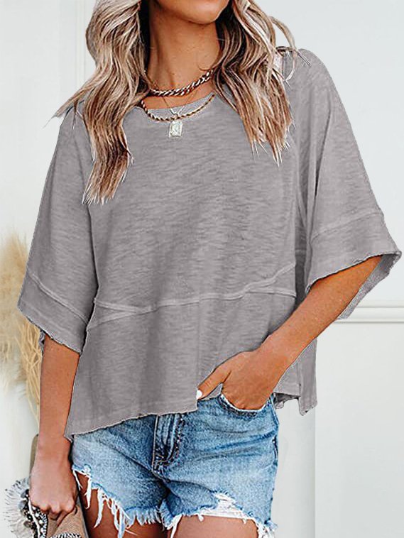 Women Plain Crew Neck Casual Three Quarter Sleeve T-shirt