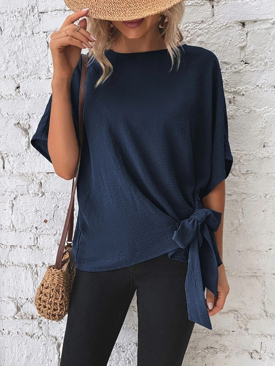 Crew Neck Vacation Loose Plain Shirt