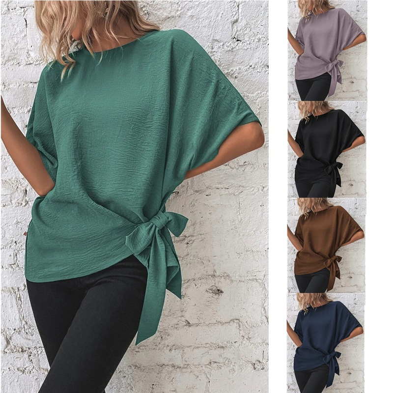 Crew Neck Vacation Loose Plain Shirt