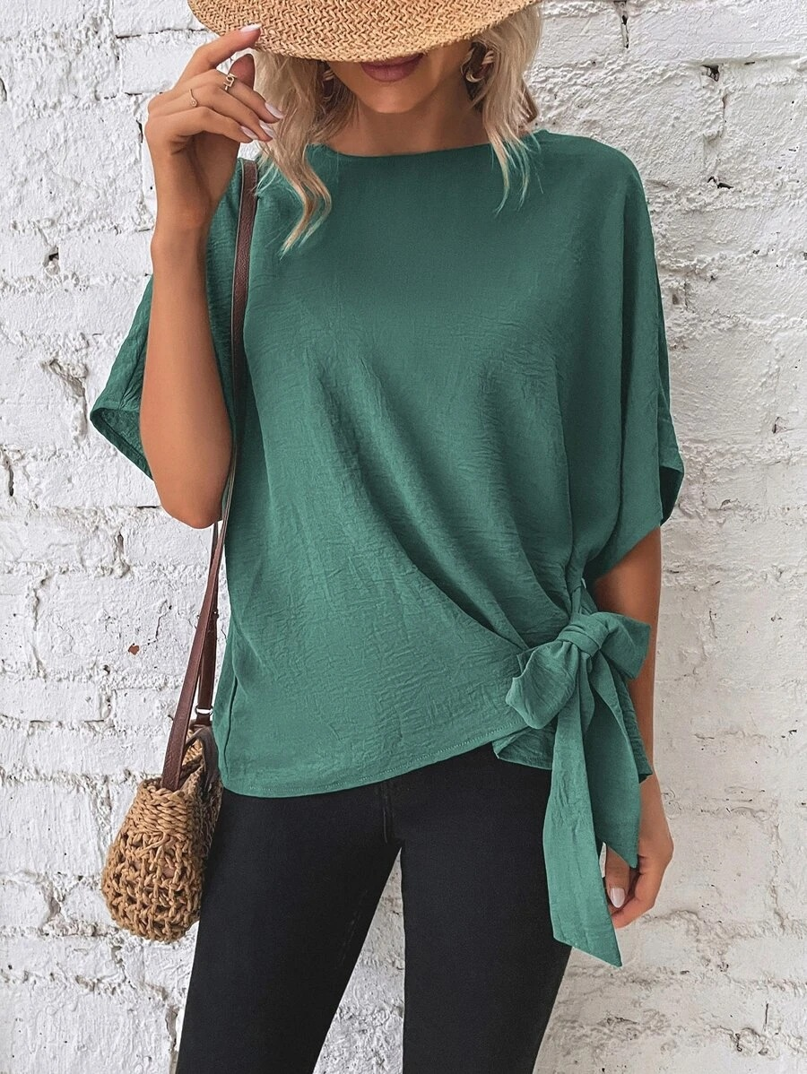 Crew Neck Vacation Loose Plain Shirt