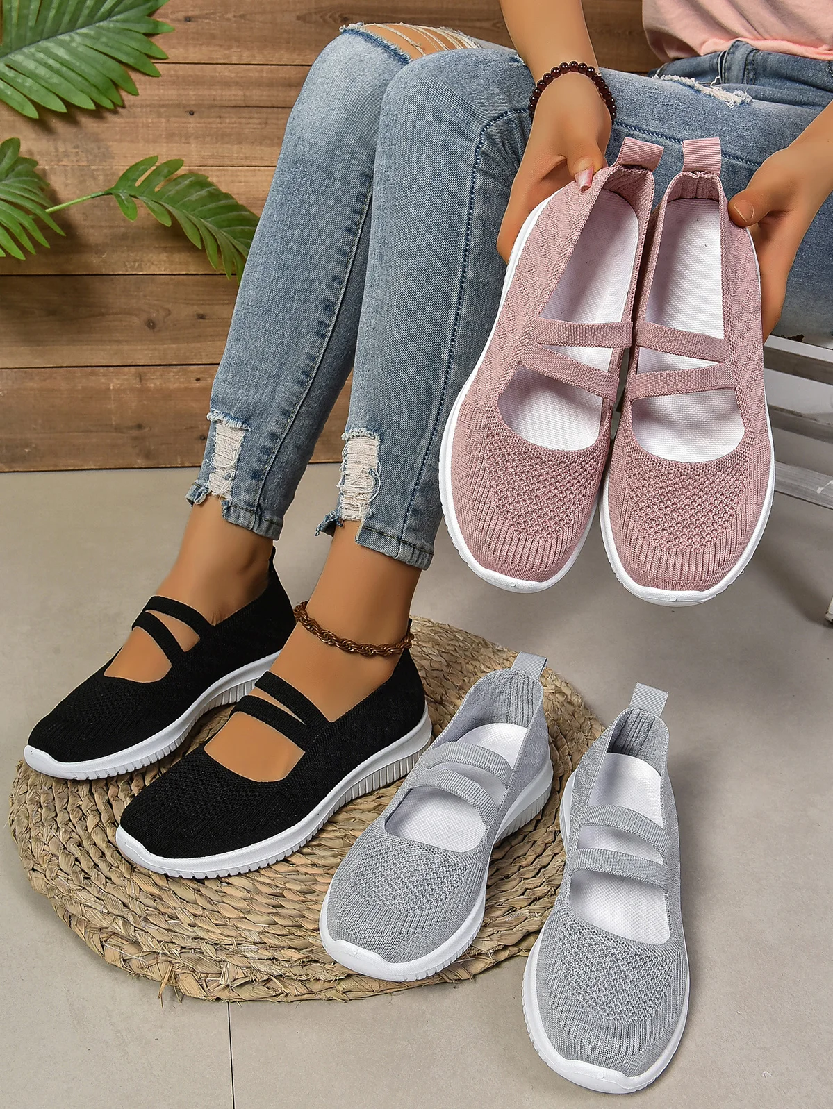 Casual Plain Mesh Fabric Wedge Heel Shallow Shoes