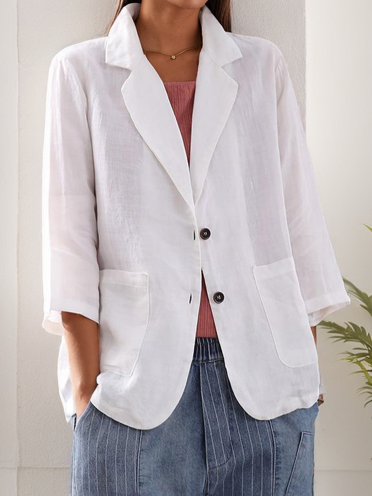 Casual Plain Cotton And Linen Blazer