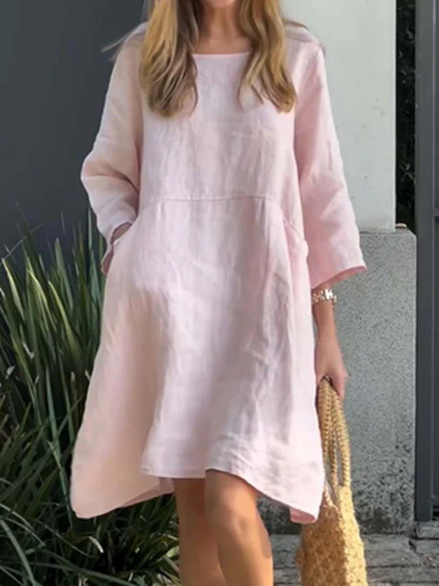 Loose Casual Cotton And Linen Plain Sweashirt Dress