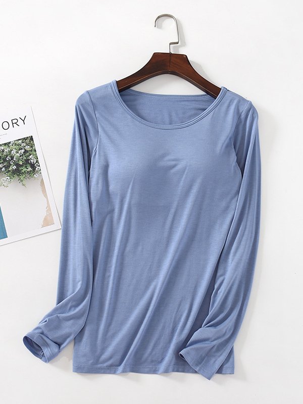 Women Plain Crew Neck Casual Long Sleeve T-shirt