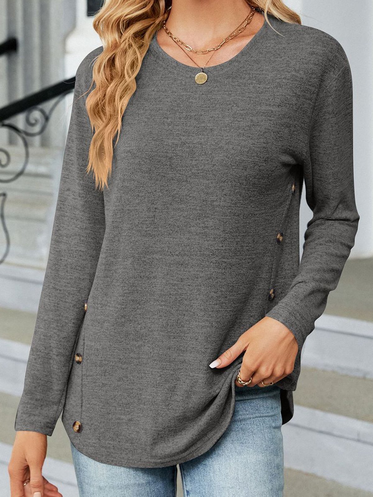 Women Plain Crew Neck Casual Long Sleeve T-shirt