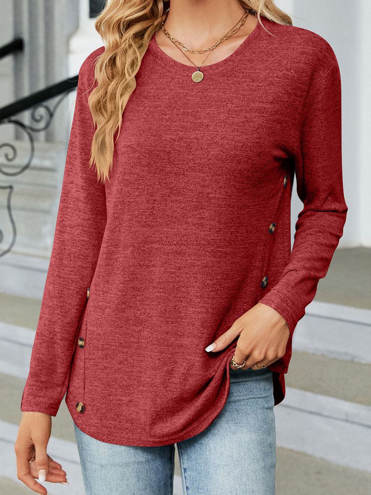 Women Plain Crew Neck Casual Long Sleeve T-shirt