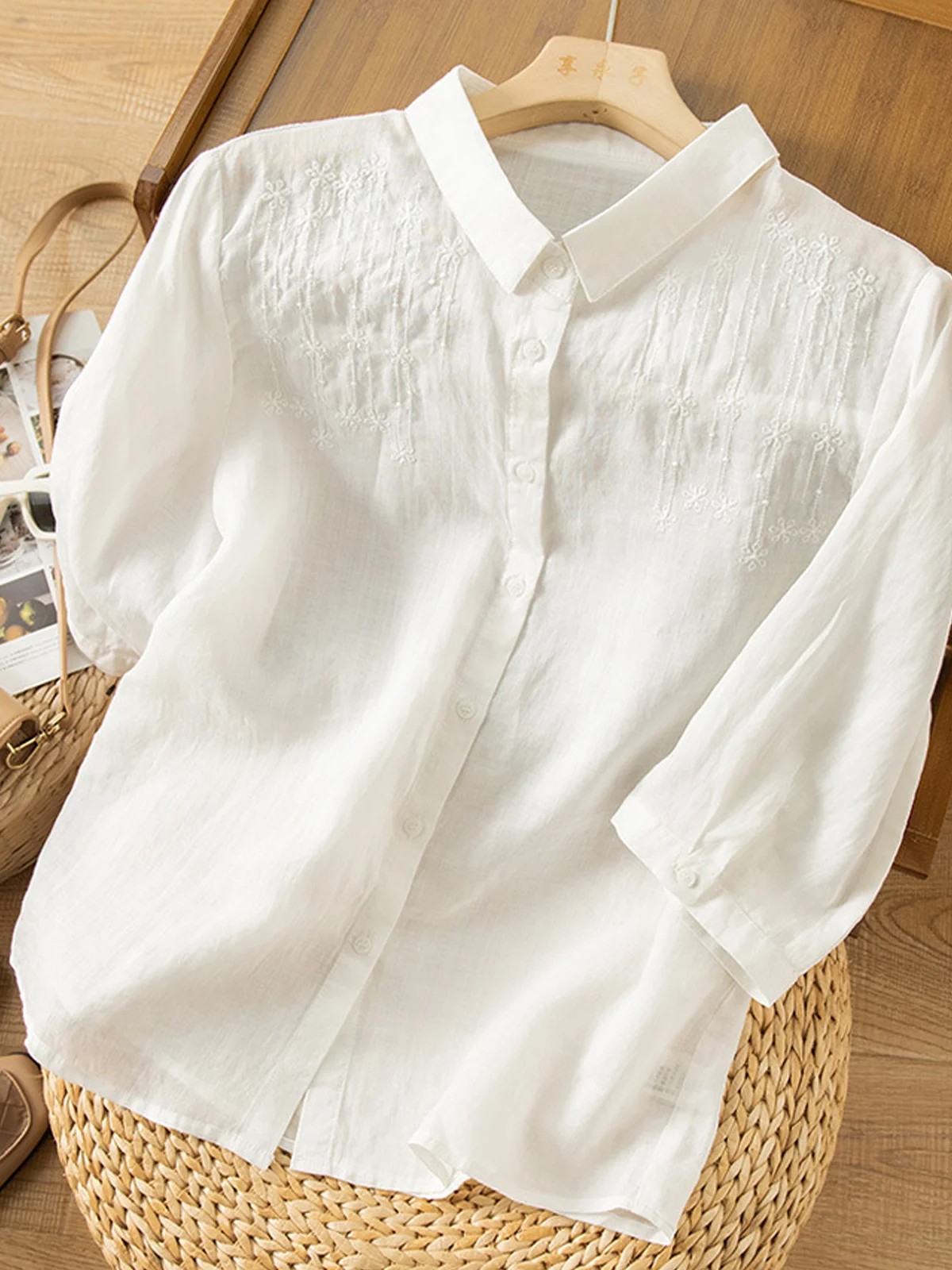 Shirt Collar Cotton And Linen Casual Blouse