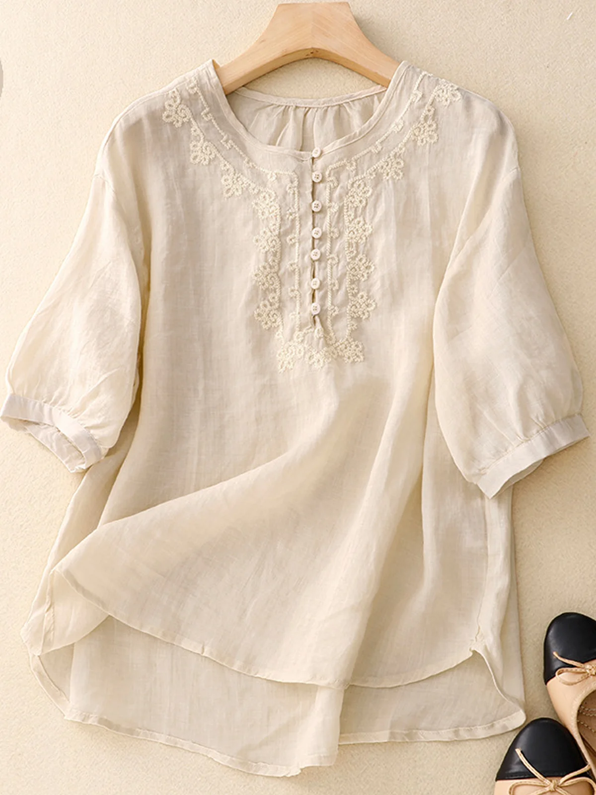 Shirt Collar Casual Cotton And Linen Blouse