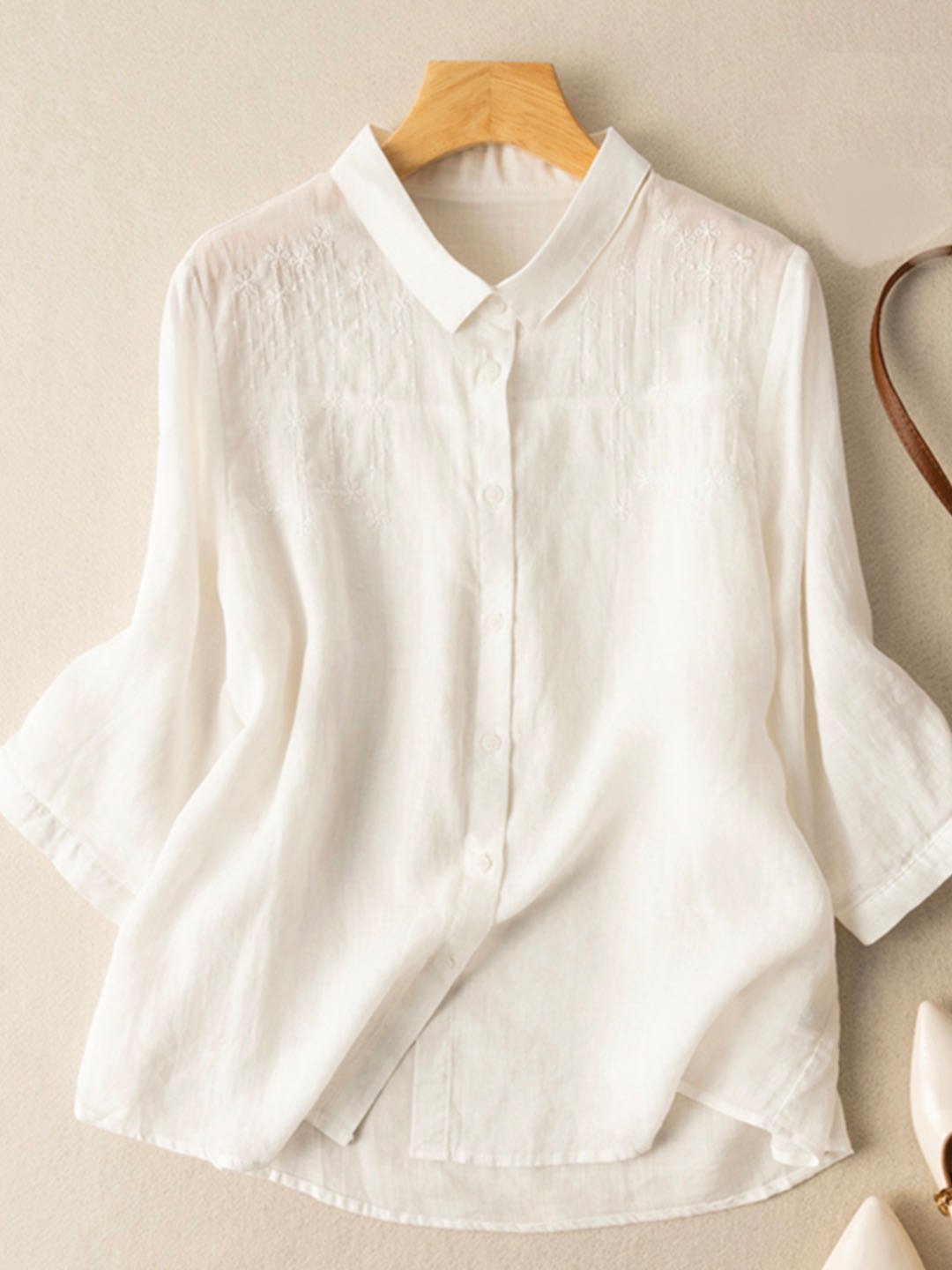 Shirt Collar Cotton And Linen Casual Blouse