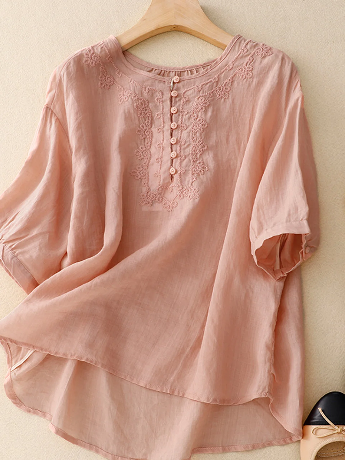 Shirt Collar Casual Cotton And Linen Blouse