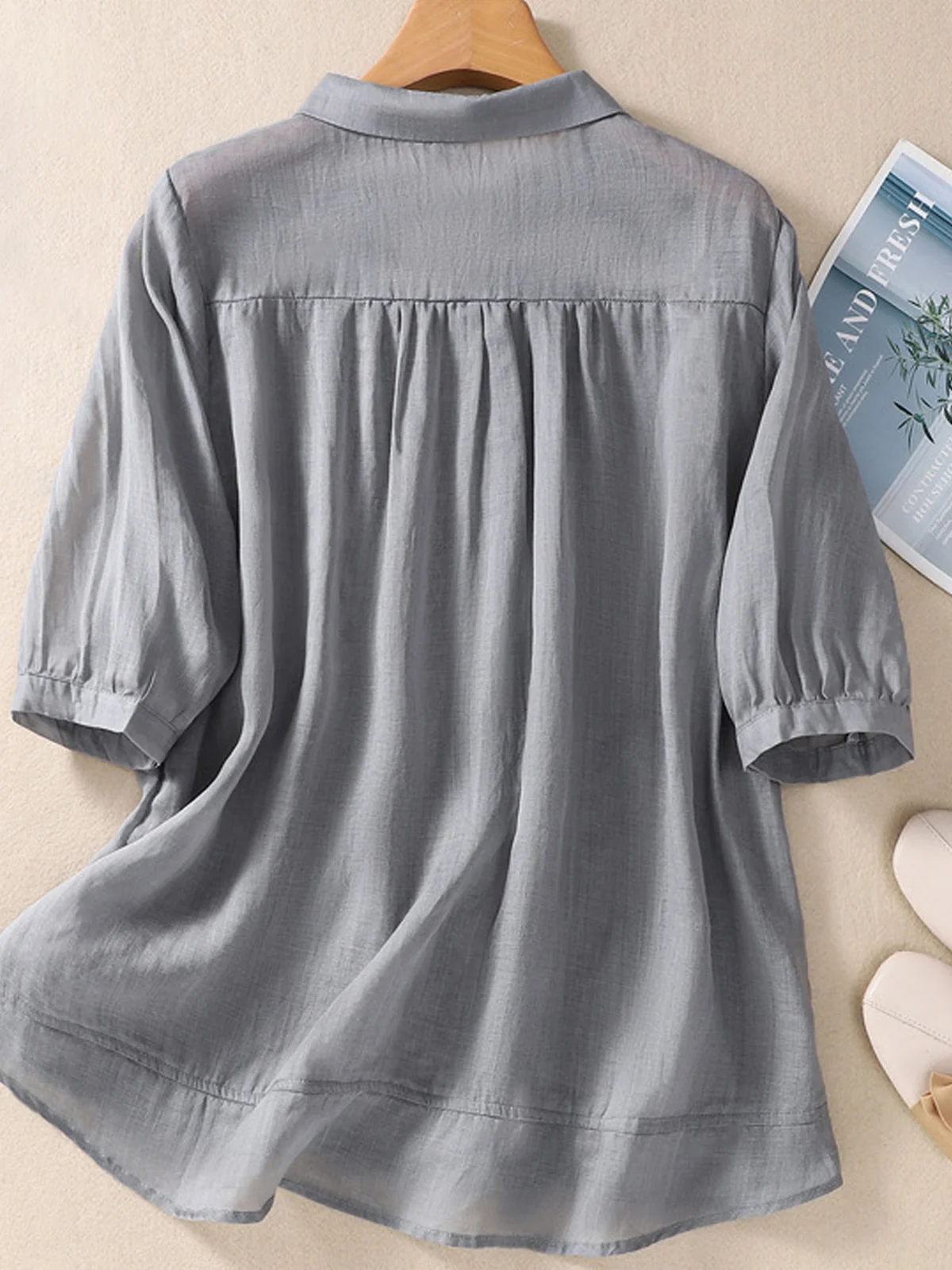 Cotton And Linen Plain Loose Casual Blouse