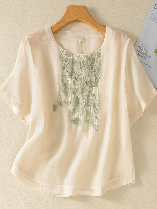 Shirt Collar Embroidery Casual Cotton And Linen Blouse