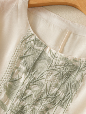 Shirt Collar Embroidery Casual Cotton And Linen Blouse