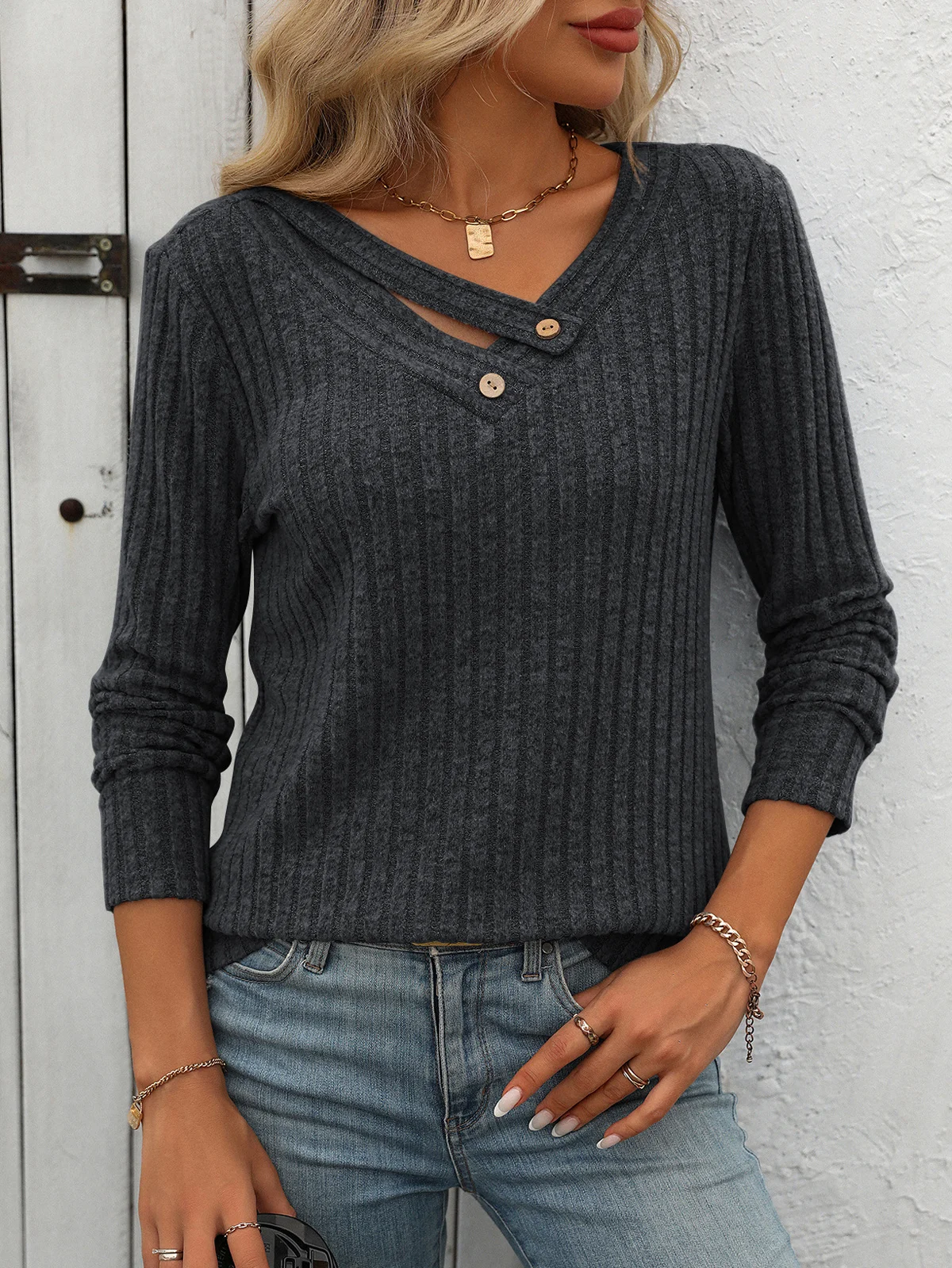 Women Plain V Neck Casual Long Sleeve T-shirt