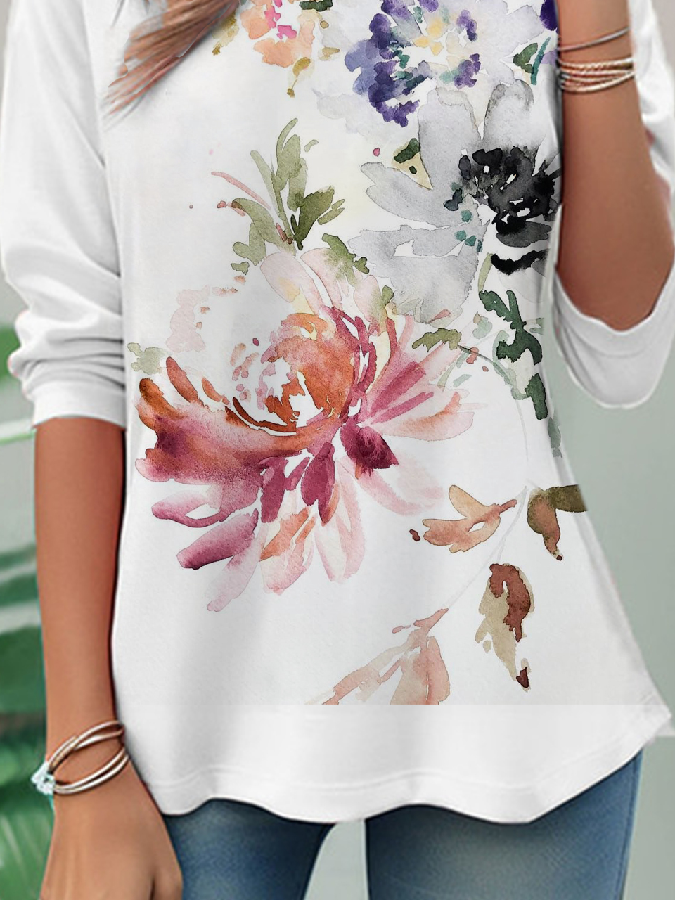 Women Floral Crew Neck Casual Long Sleeve T-shirt