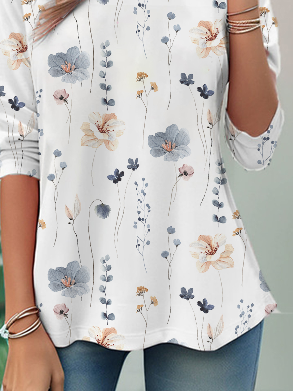 Women Floral Crew Neck Casual Long Sleeve T-shirt