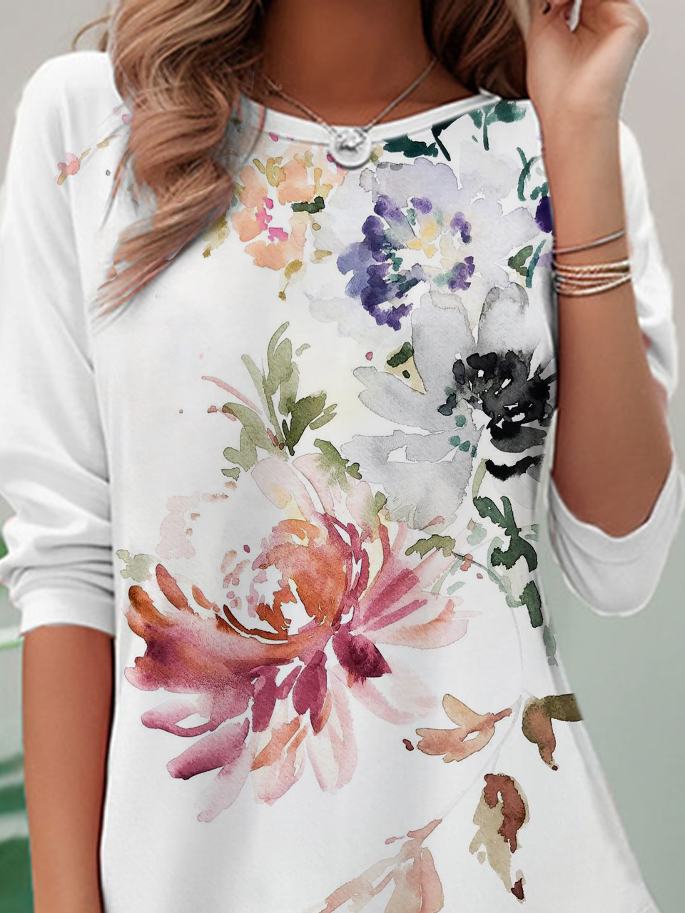 Women Floral Crew Neck Casual Long Sleeve T-shirt