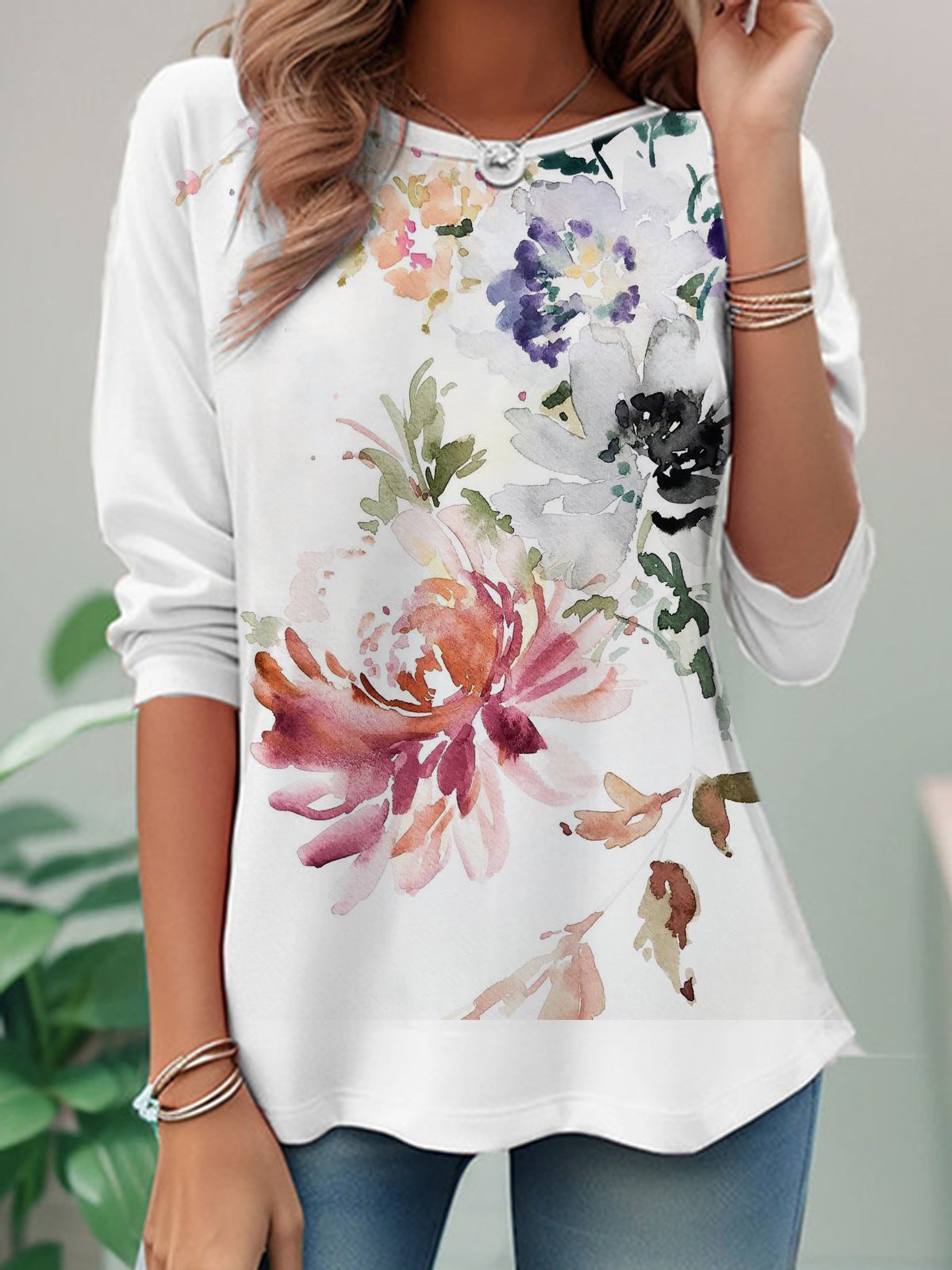 Women Floral Crew Neck Casual Long Sleeve T-shirt