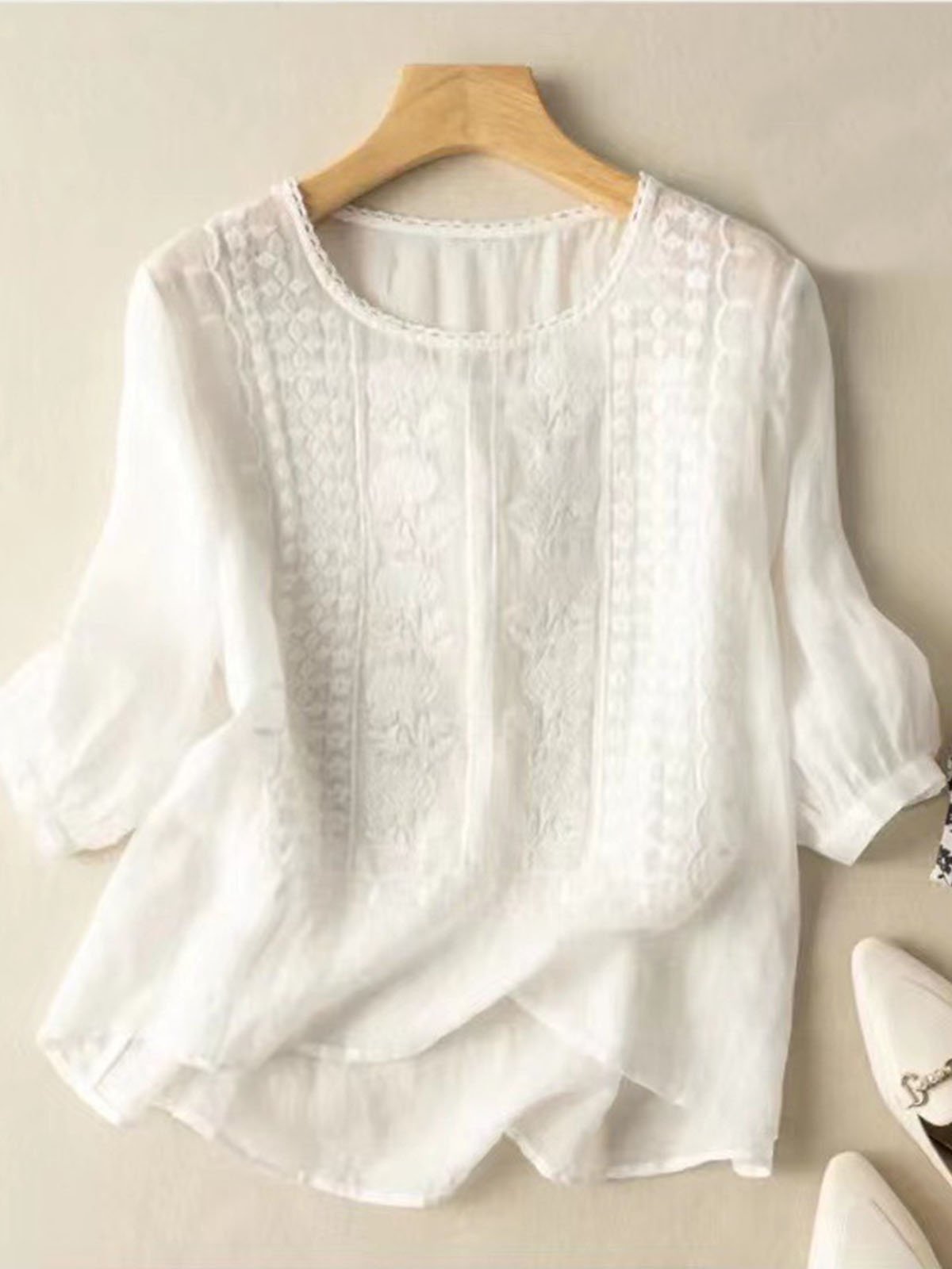 Embroidery Casual Shirt Collar Loose Blouse