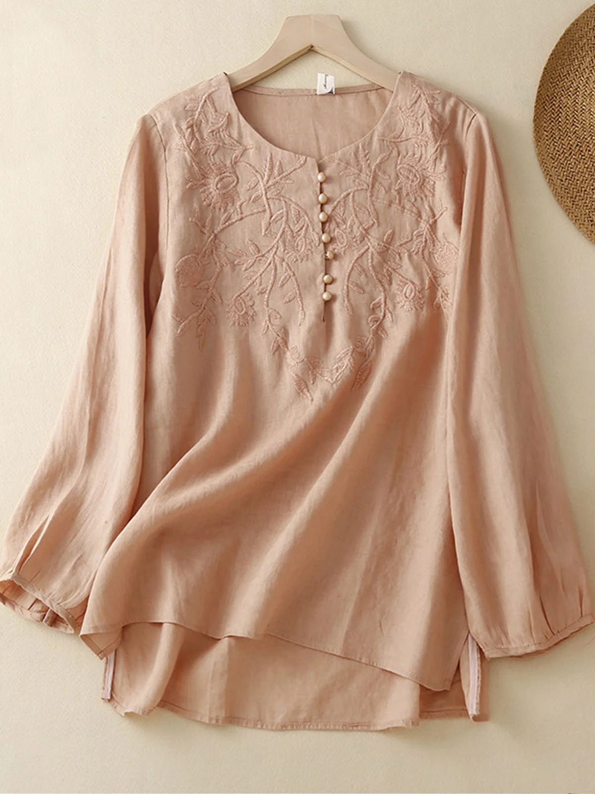 Shirt Collar Casual Embroidery Loose Blouse