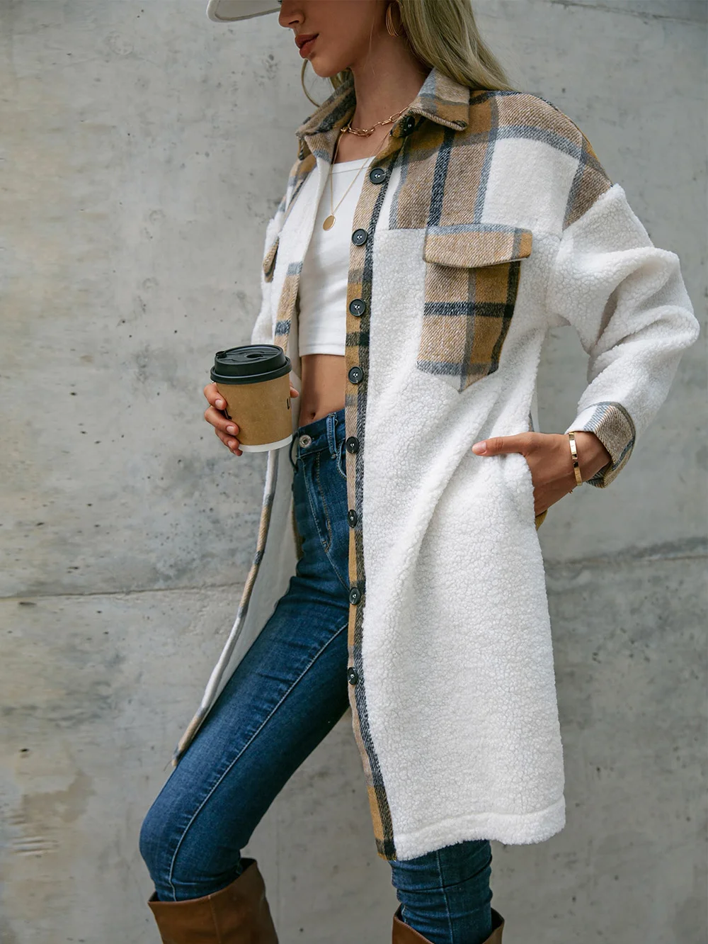 Plaid Casual Fluff/Granular Fleece Fabric Jacket