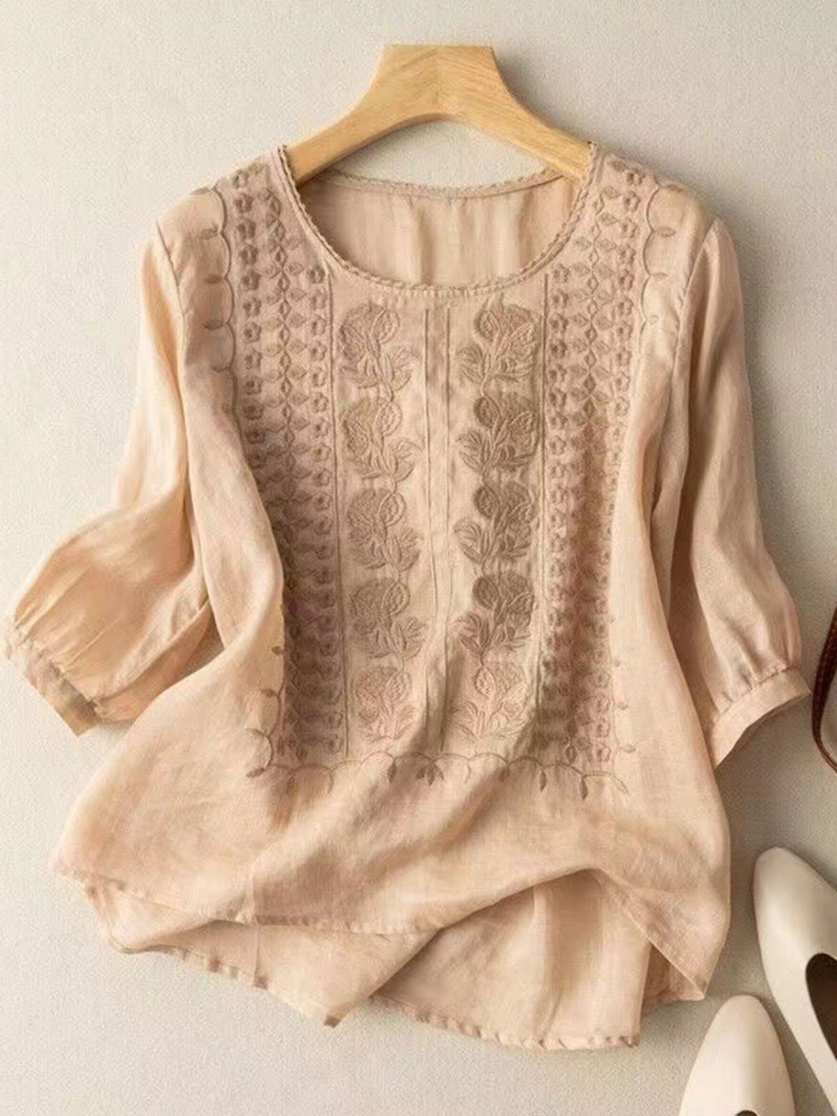 Embroidery Casual Shirt Collar Loose Blouse