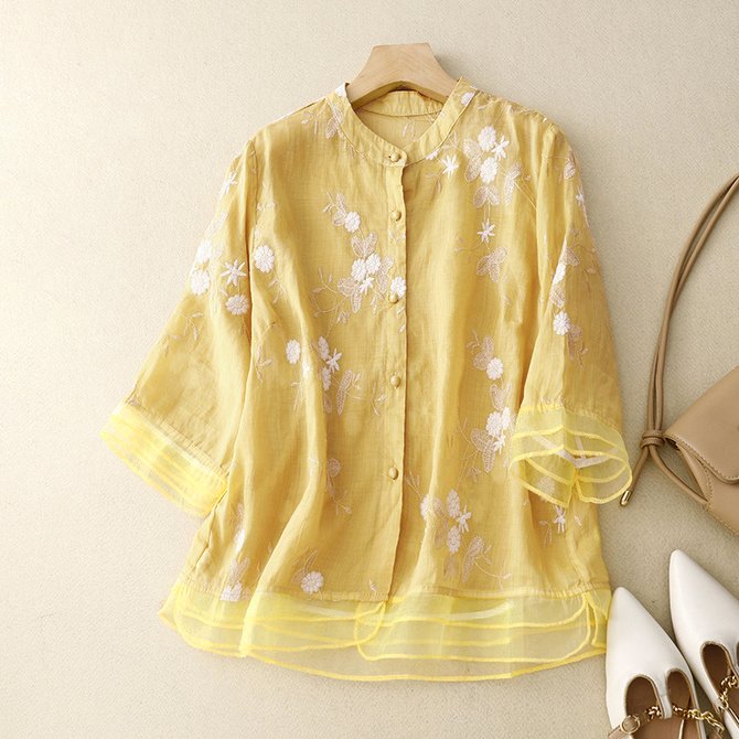 Shirt Blouse Women's Embroidered Fashion Round Neck Cotton Causal Blouse