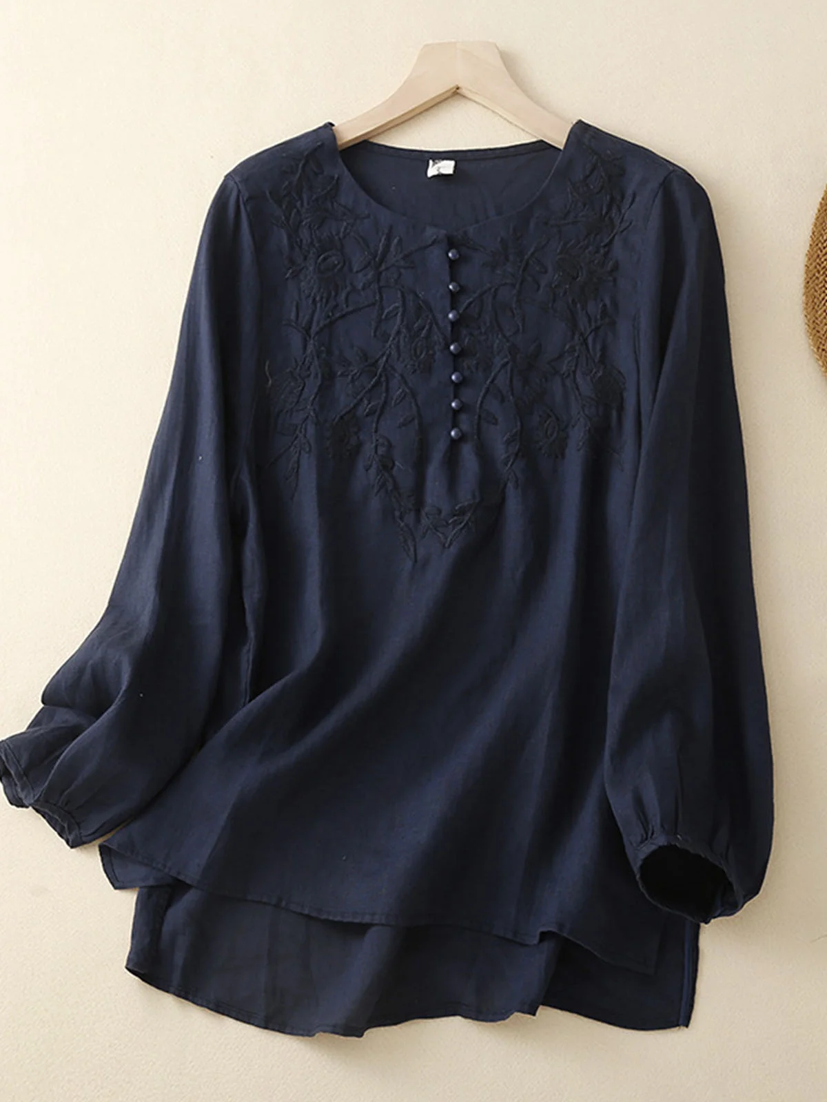 Shirt Collar Casual Embroidery Loose Blouse