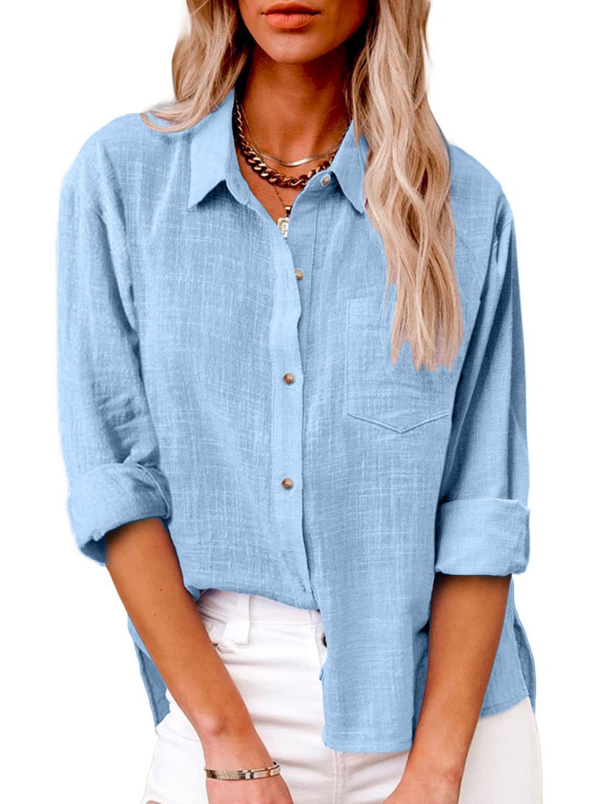 Casual Cotton Plain Shirt Collar Shirt