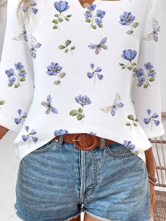 Women Floral Notched Casual Three Quarter Sleeve T-shirt