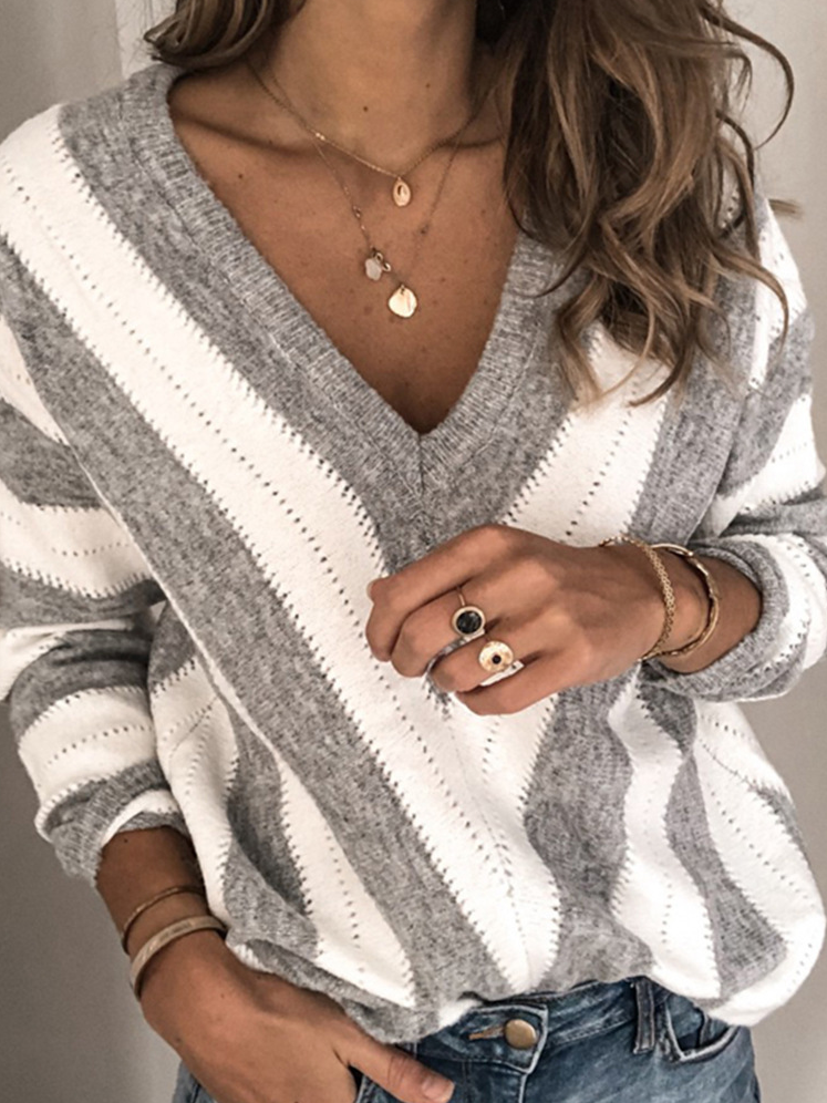 Loose V Neck Casual Color Block Sweater