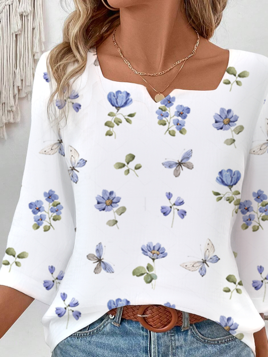 Women Floral Notched Casual Three Quarter Sleeve T-shirt