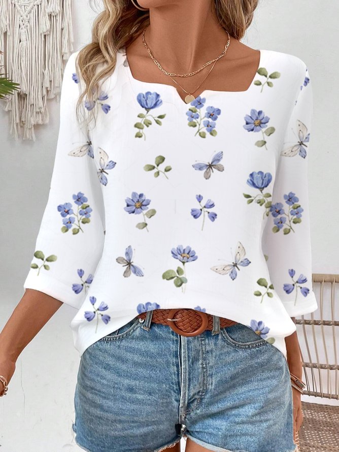 Women Floral Notched Casual Three Quarter Sleeve T-shirt