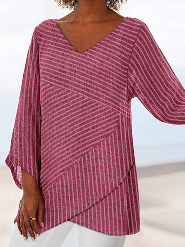 Striped V Neck Casual Blouse