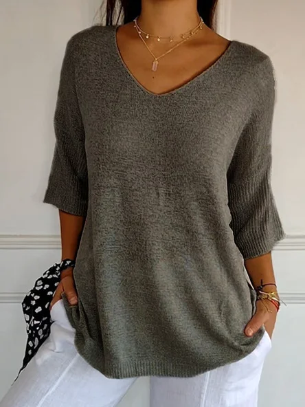 Plain Casual Loose V Neck Sweater