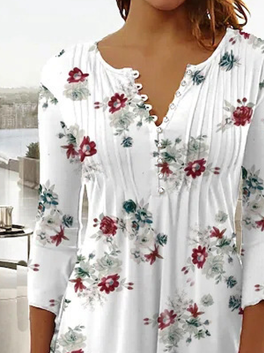 Women Floral Crew Neck Casual Three Quarter Sleeve T-shirt