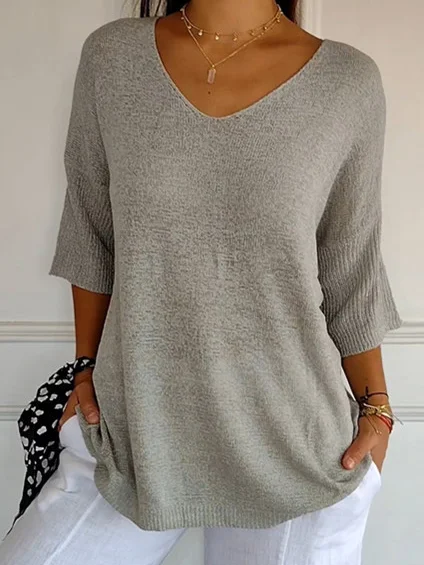 Plain Casual Loose V Neck Sweater