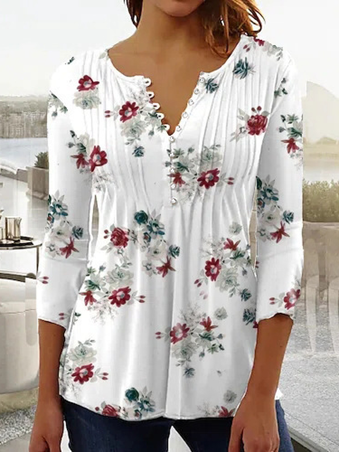 Women Floral Crew Neck Casual Three Quarter Sleeve T-shirt