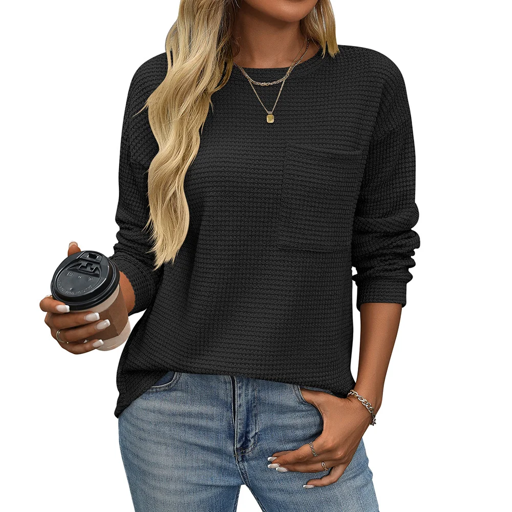 Women's Long Sleeve Blouse Spring/Fall Khaki Plain Pocket Stitching Crew Neck Daily Going Out Casual Top