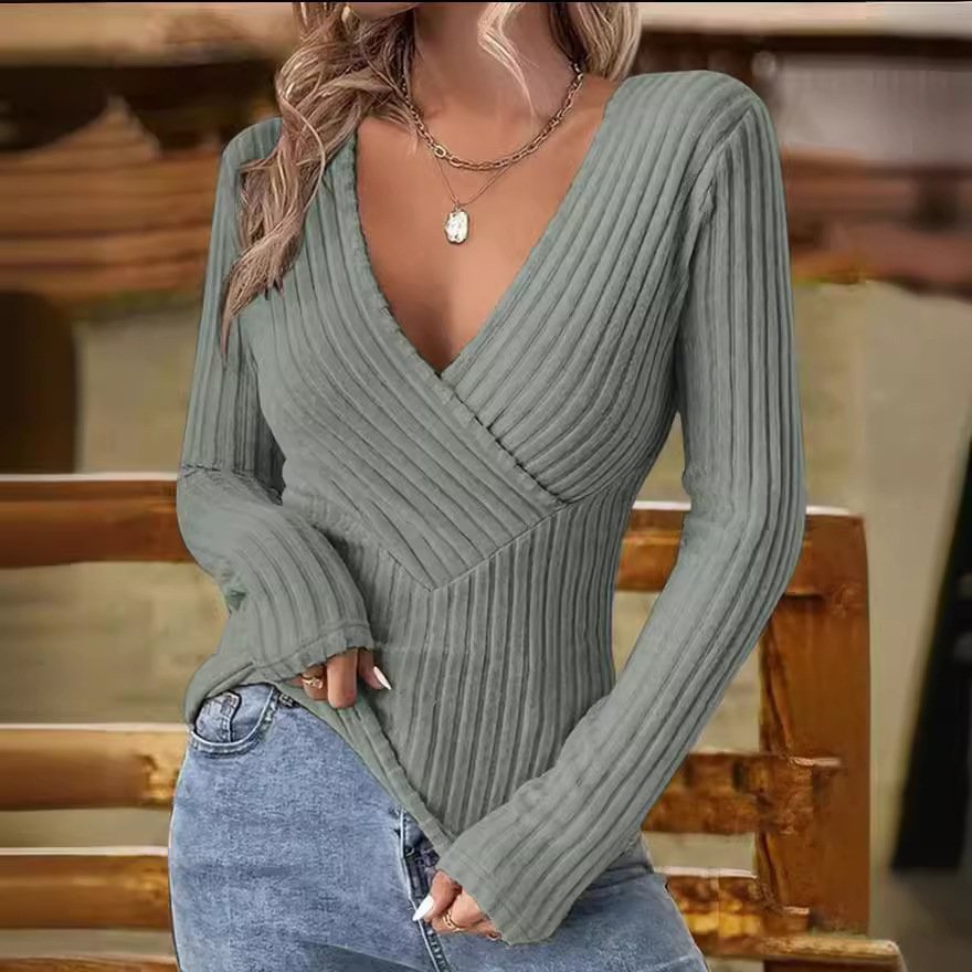 Women 3D Printing V Neck Casual Long Sleeve T-shirt