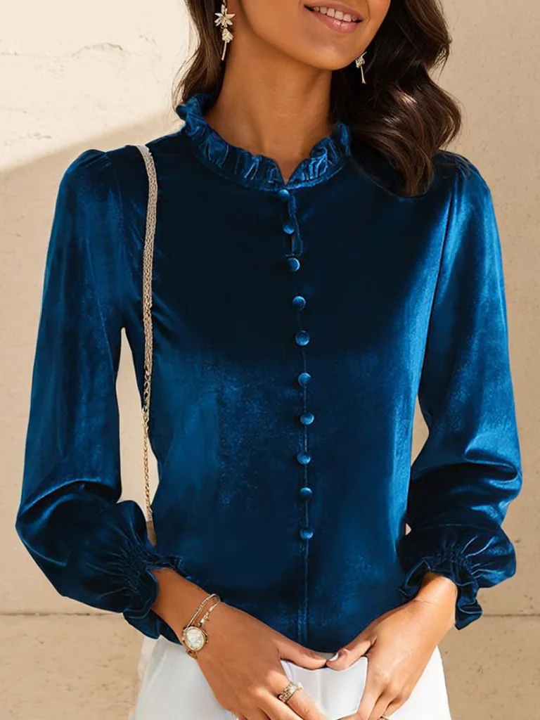 Women's Long Sleeve Blouse Spring/Fall Green Plain Buckle Velvet Lotus Leaf Collar Daily Going Out Casual Top