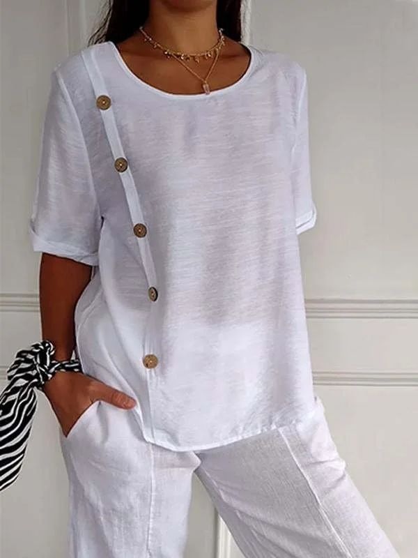 Women's Plain Buckle Cotton And Linen Crew Neck Casual Top