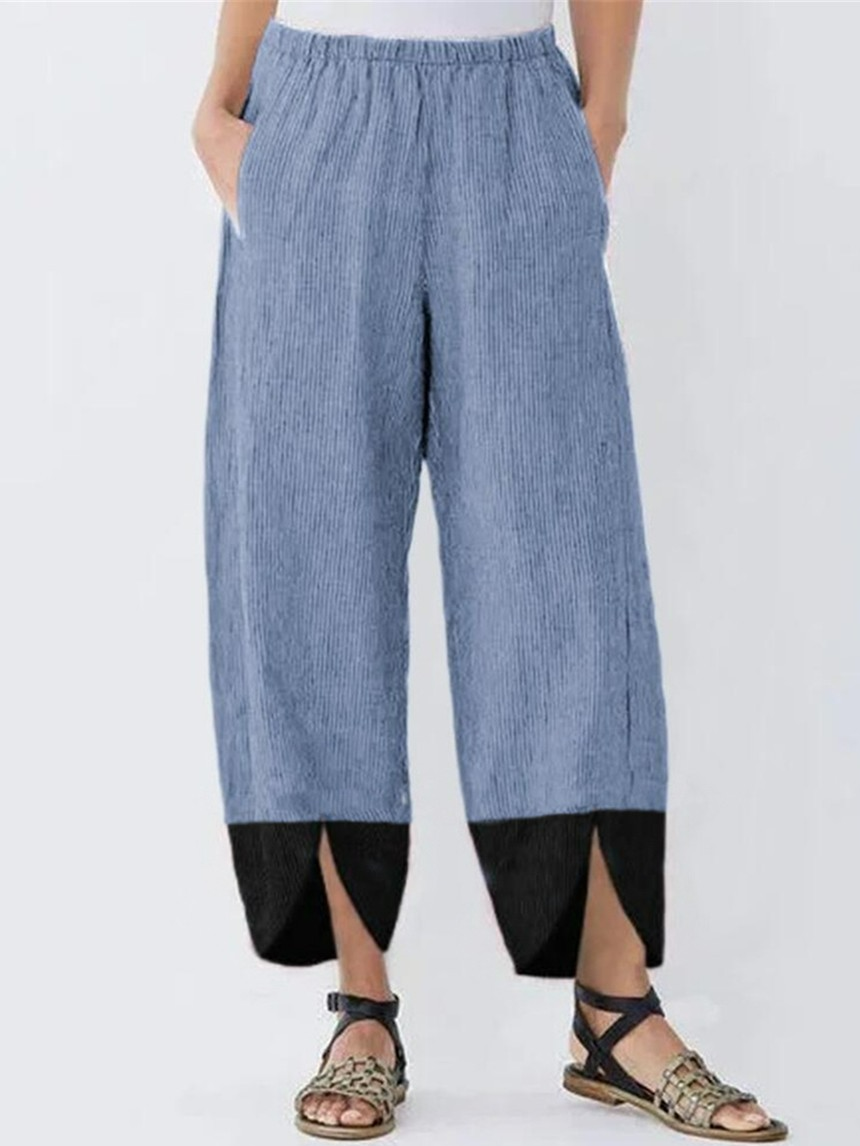 Cotton And Linen Casual Contrasting Color Pants