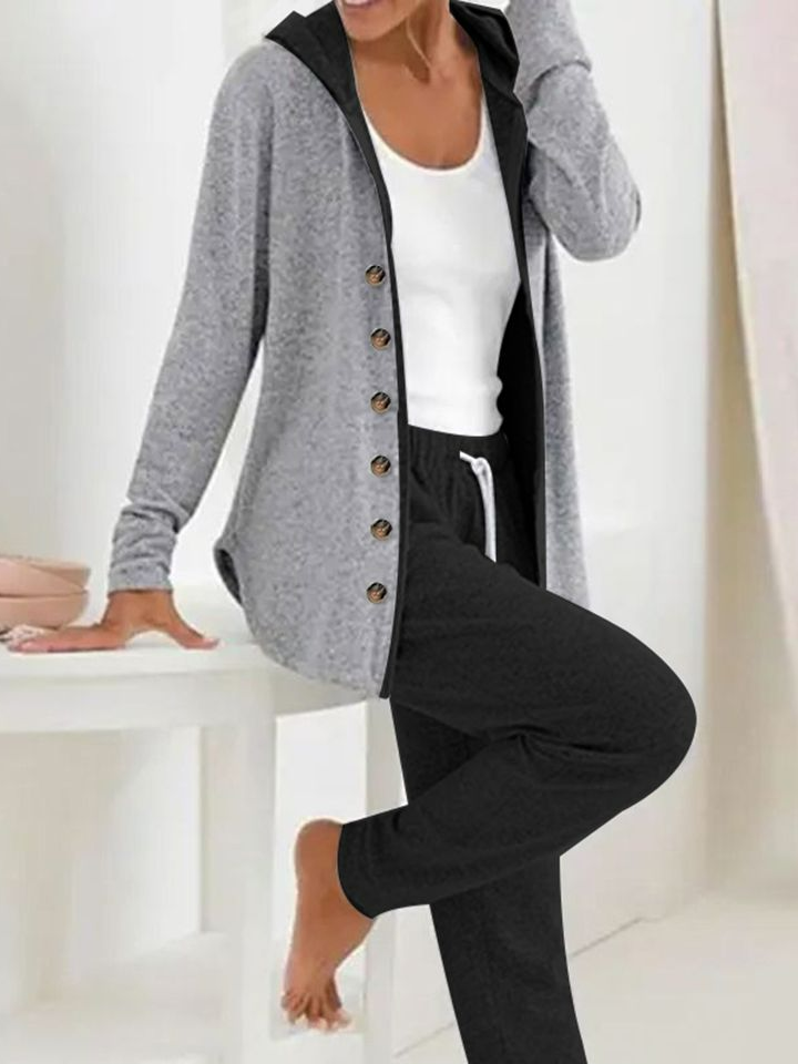 Women's Buckle Plain Daily Going Out Two-Piece Set Gray Casual Spring/Fall Coat With Pants Matching Set